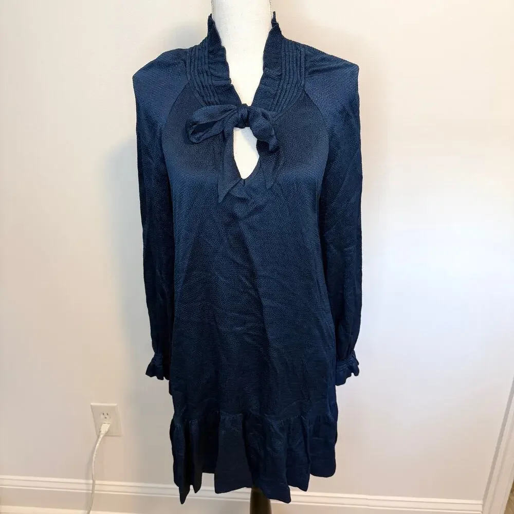 Sandro Paris Long Sleeve Tie Neck Flounce Hem Mini Dress In Navy Blue Size 36